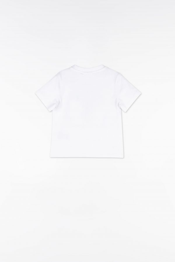 T-shirt mit kurzen Ärmeln Weiß mit buntem Aufdruck und Streifen auf den Ärmeln 2159328