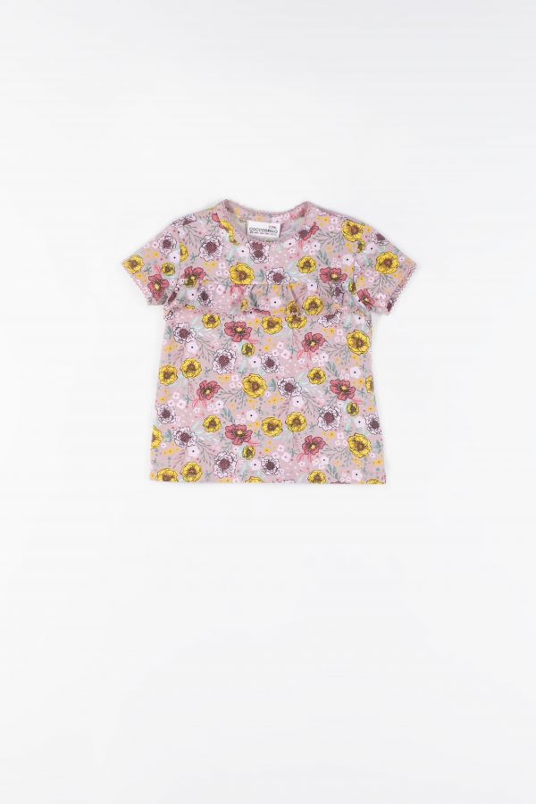 T-Shirt mit kurzen Ärmeln mit einem Blumenaufdruck und einer dekorativen Rüsche