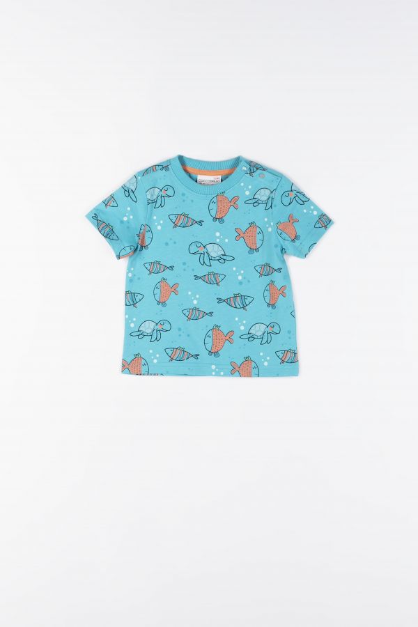 T-Shirt mit kurzen Ärmeln mit einem bunten Fischdruck
