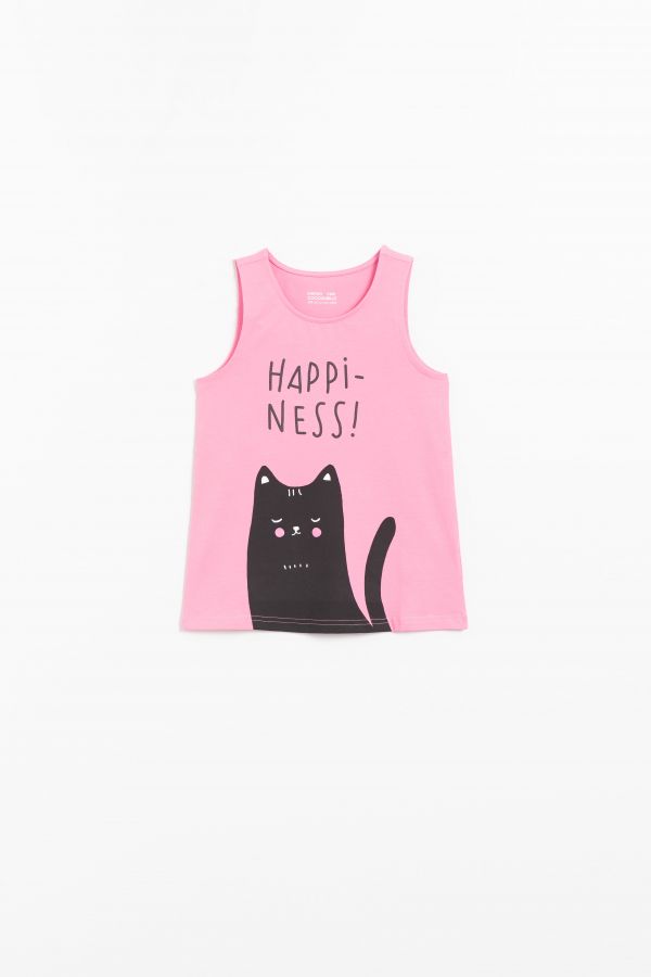 T-Shirt ohne Ärmel Pink mit einem Katzendruck auf der Vorderseite