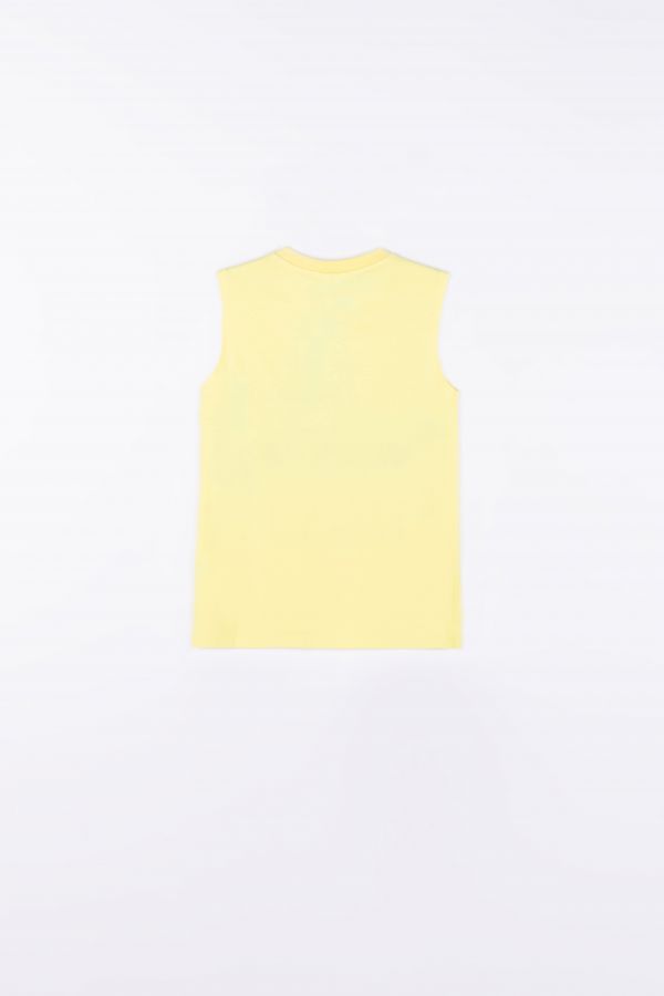 T-shirt ohne Ärmel gelb z mehrfarbigem Aufdruck vorne 2159947