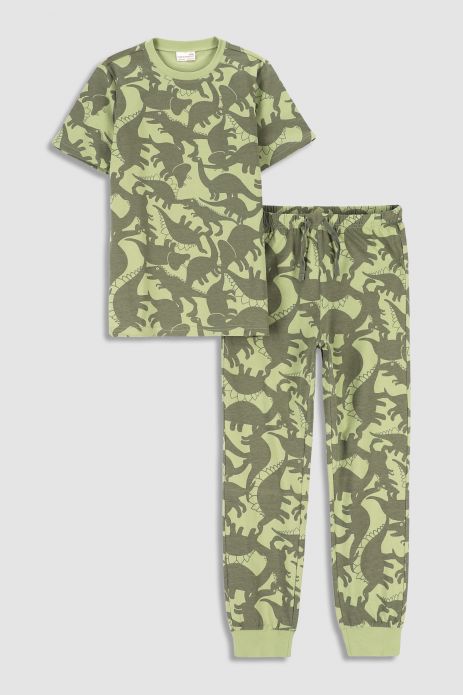 Schlafanzug für Jungen olivengrün kurzarm aus Baumwolle 