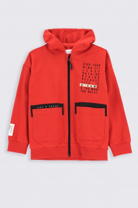 Sweatshirt mit Reißverschluss rotes mit Kapuze und Taschen  2