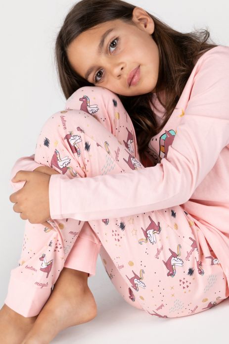 Pyjama für Mädchen rosa aus Baumwolle mit langen Ärmeln