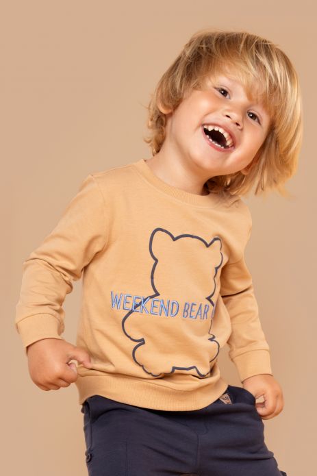 Langärmeliges T-shirt beige mit Teddybär-Aufdruck und Aufschriften