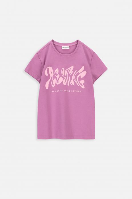 Kurzärmeliges T-Shirt lila mit Schriftzug auf der Vorderseite