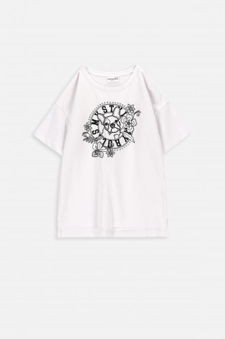 Kurzärmeliges T-Shirt weißes mit Hunde- und Blumendruck