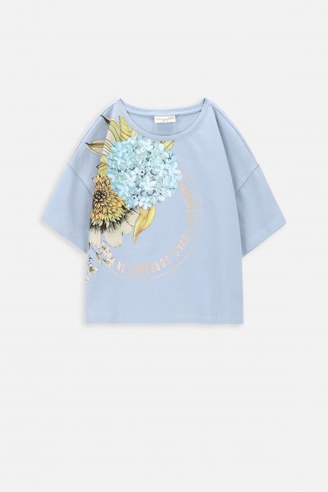 Kurzärmeliges T-Shirt blau mit Blumendruck