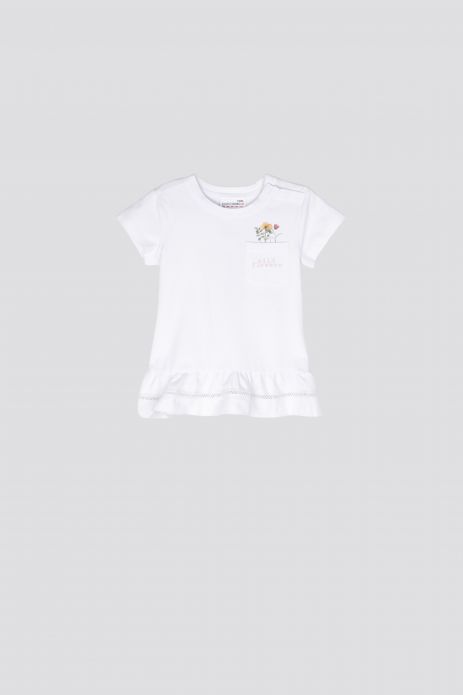 T-Shirt mit kurzen Ärmeln weißes mit Tasche und Rüsche