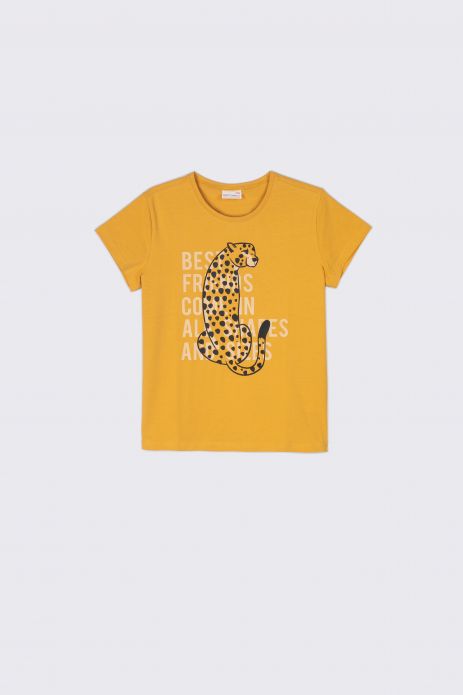 T-Shirt mit kurzen Ärmeln gelbes mit Wildkatzen-Print