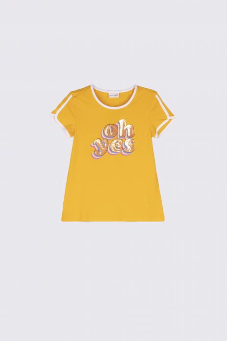 T-Shirt mit kurzen Ärmeln honiggelbes mit Paillettenapplikation