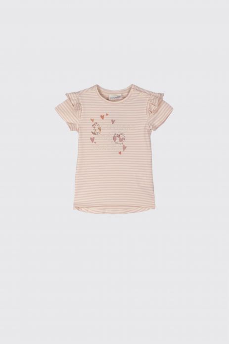 T-Shirt mit kurzen Ärmeln ecru mit rosa Streifen mit Aufdruck