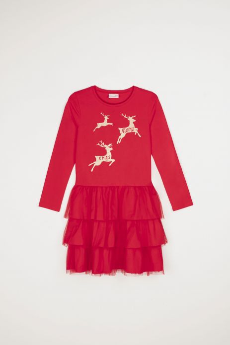 Kleid mit langen Ärmeln rot mit Weihnachtsdruck 2