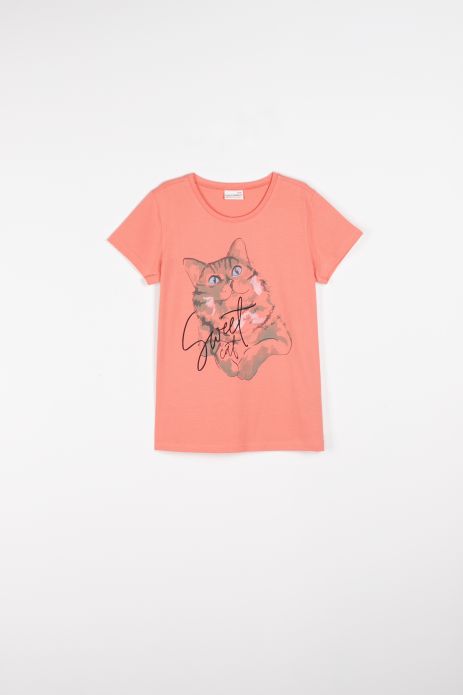 T-Shirt mit kurzen Ärmeln  korallenrot mit Katze-Aufdruck