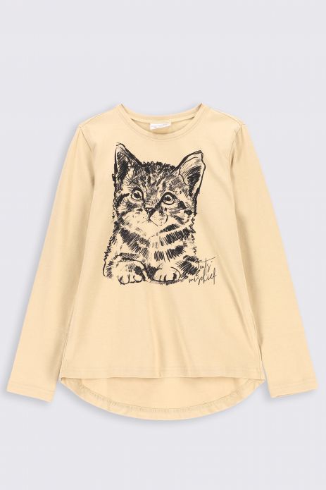 T-Shirt mit langen Ärmeln beige mit Katze-Print