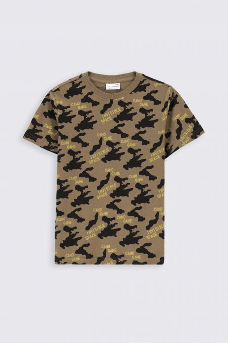 T-Shirt mit kurzen Ärmeln khakifarbenes mit Aufschriften und Militärprint