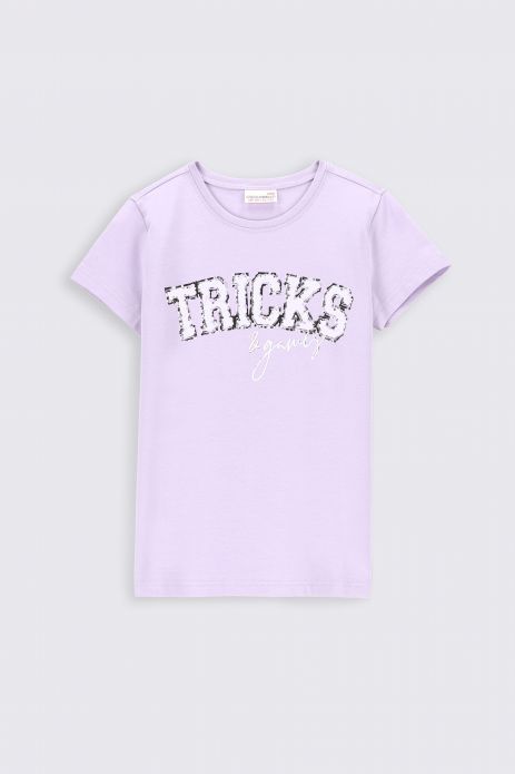 T-Shirt mit kurzen Ärmeln violettes mit Aufschrift auf der Vorderseite